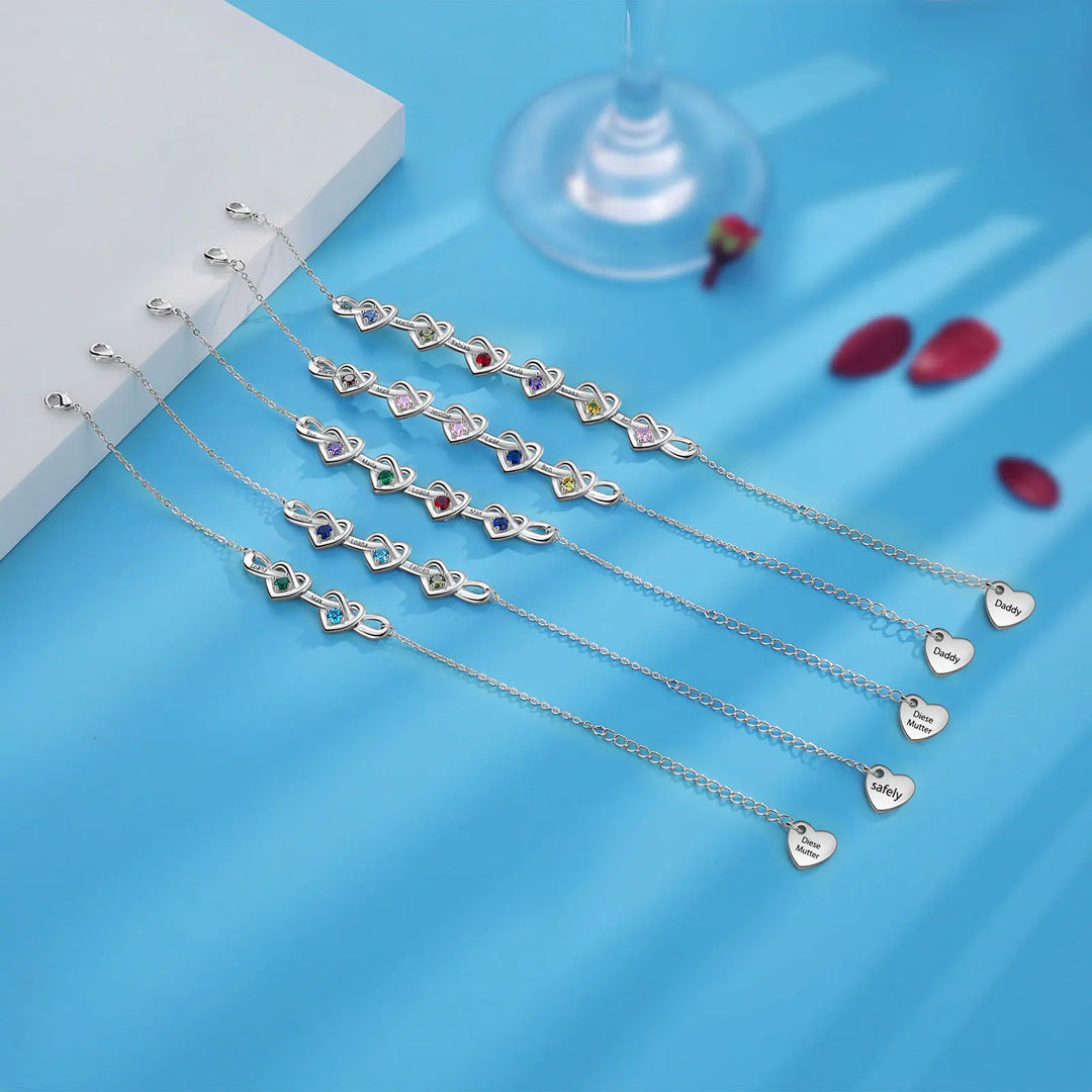 Pulseira de coração com nó personalizado com 2 a 6 pedras de aniversário, nome personalizado da família, pulseiras e pulseiras gravadas, presente para mães, namorada