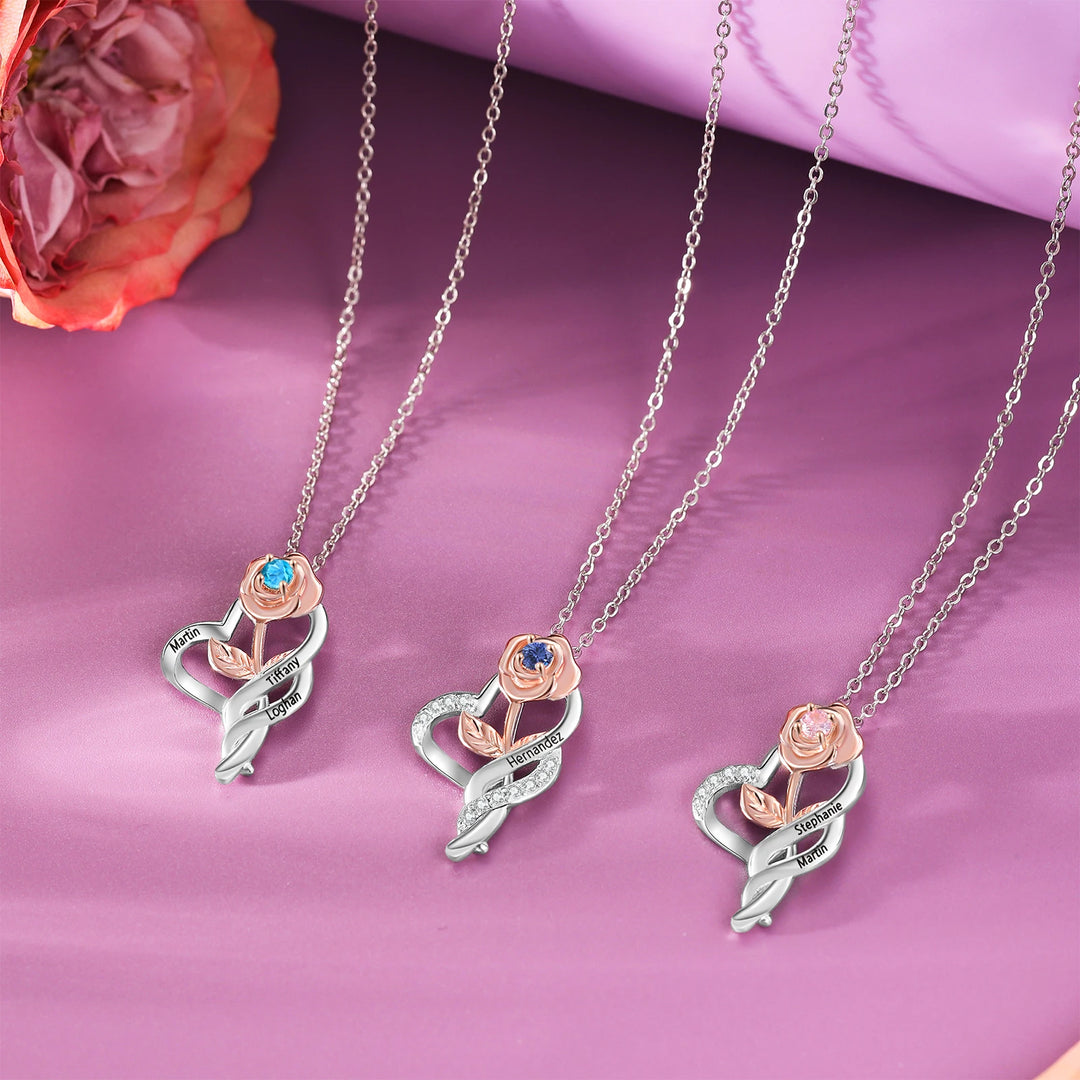 Pingente de flor rosa personalizado com pedra de aniversário, nome personalizado, colares gravados para mulheres, presentes de dia dos namorados para namoradas