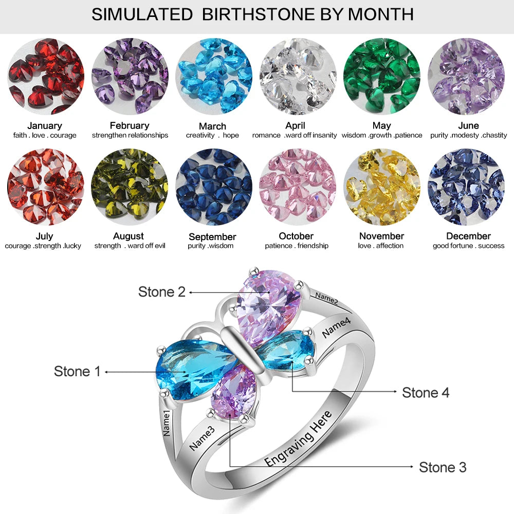 925 anéis de noivado de prata esterlina para mulheres, nome personalizado, anel de borboleta gravado personalizado 4 birthstones presentes para mães