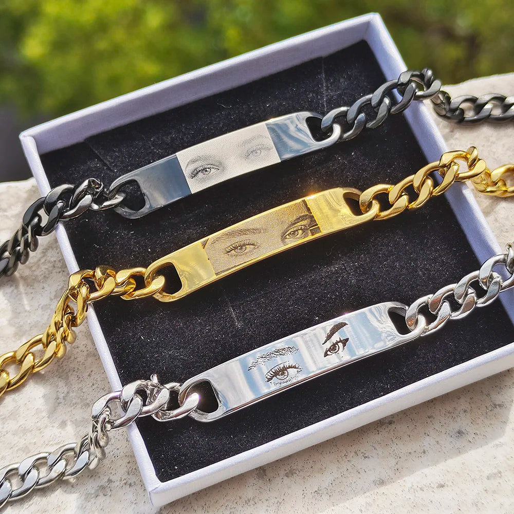 Olhos personalizados foto casal pulseira laser gravado olhos foto pulseiras presentes de aço inoxidável para namorado família pai