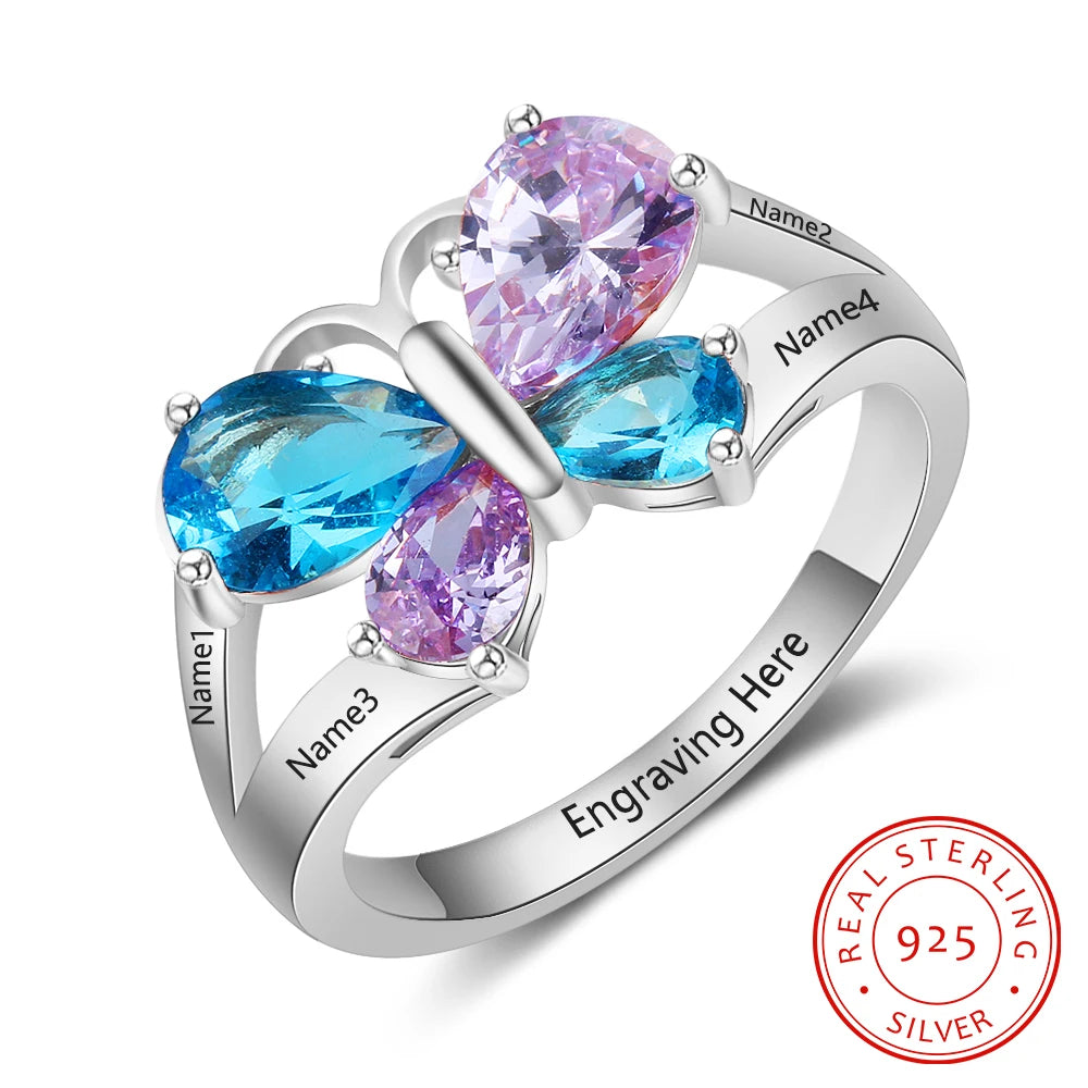 925 anéis de noivado de prata esterlina para mulheres, nome personalizado, anel de borboleta gravado personalizado 4 birthstones presentes para mães