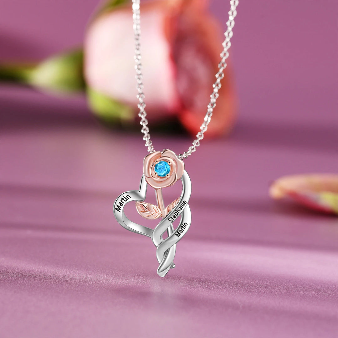 Pingente de flor rosa personalizado com pedra de aniversário, nome personalizado, colares gravados para mulheres, presentes de dia dos namorados para namoradas