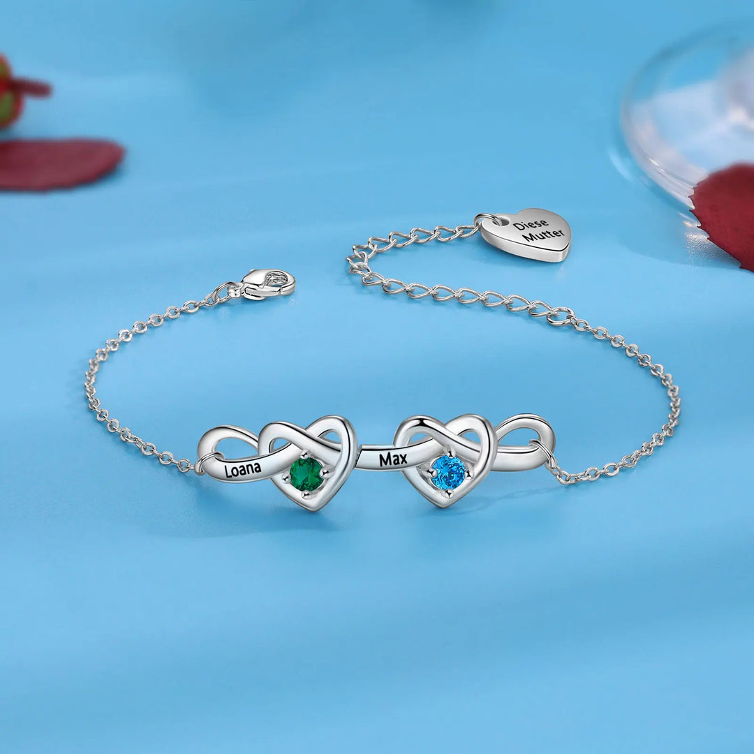 Pulseira de coração com nó personalizado com 2 a 6 pedras de aniversário, nome personalizado da família, pulseiras e pulseiras gravadas, presente para mães, namorada