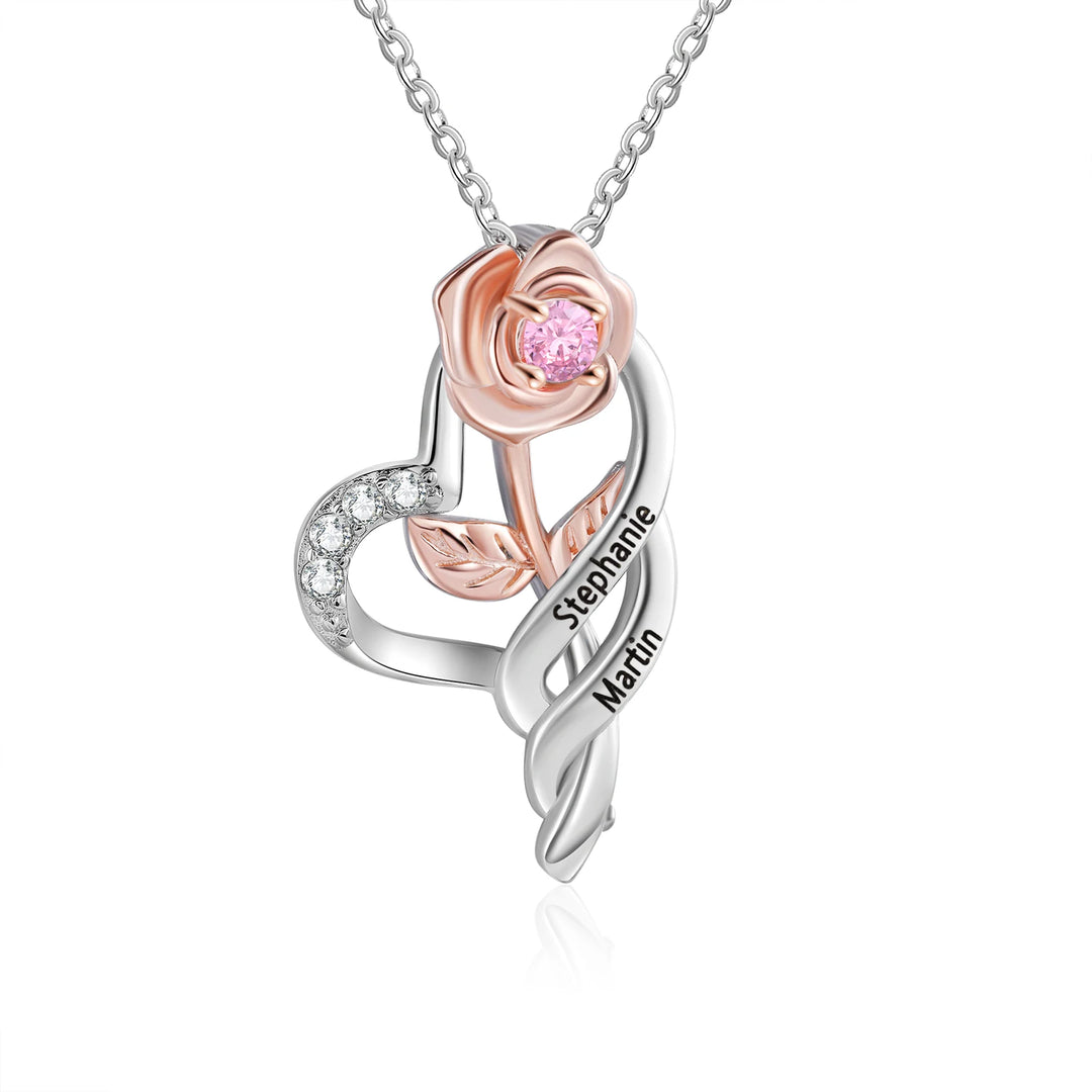 Pingente de flor rosa personalizado com pedra de aniversário, nome personalizado, colares gravados para mulheres, presentes de dia dos namorados para namoradas