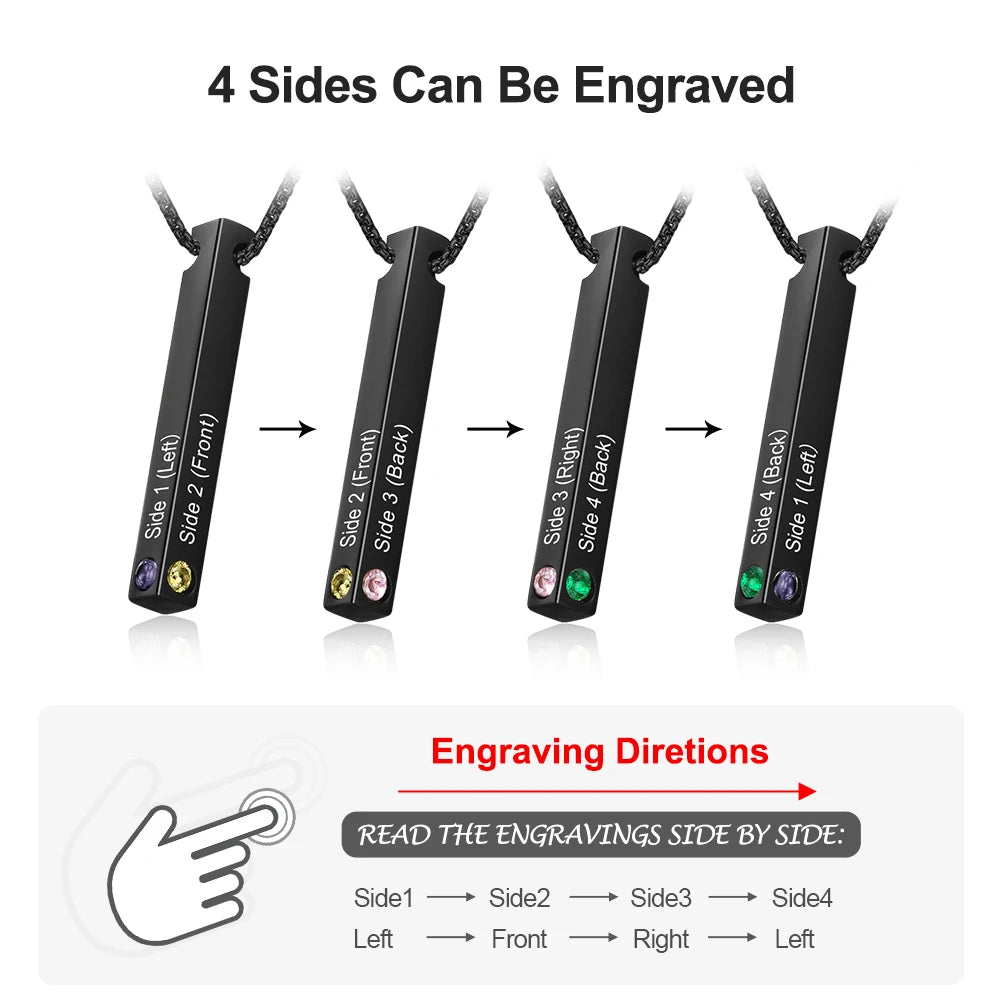 Colares de joalheiro com nome personalizado, colares de 4 lados personalizados de aço inoxidável, pingente de barra vertical
