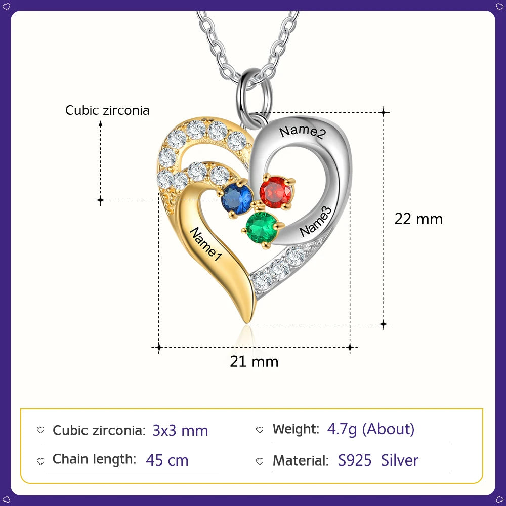 925 prata esterlina personalizado coração colar com 1-5 birthstones personalizado gravado nome das mães pingentes presentes do ano novo