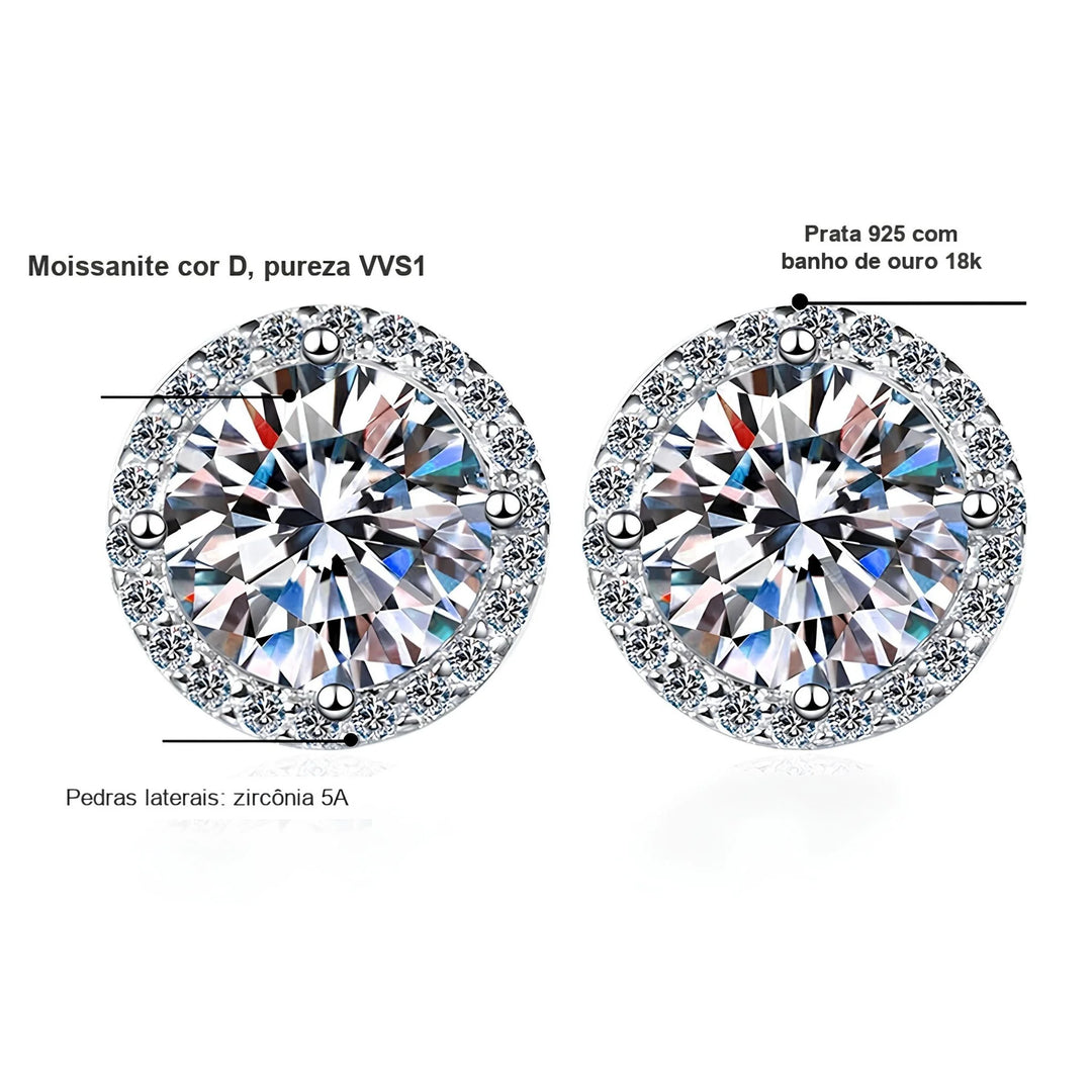 Brinco Halo Redondo de Moissanite 0,5 ou 1 ct em Prata 925