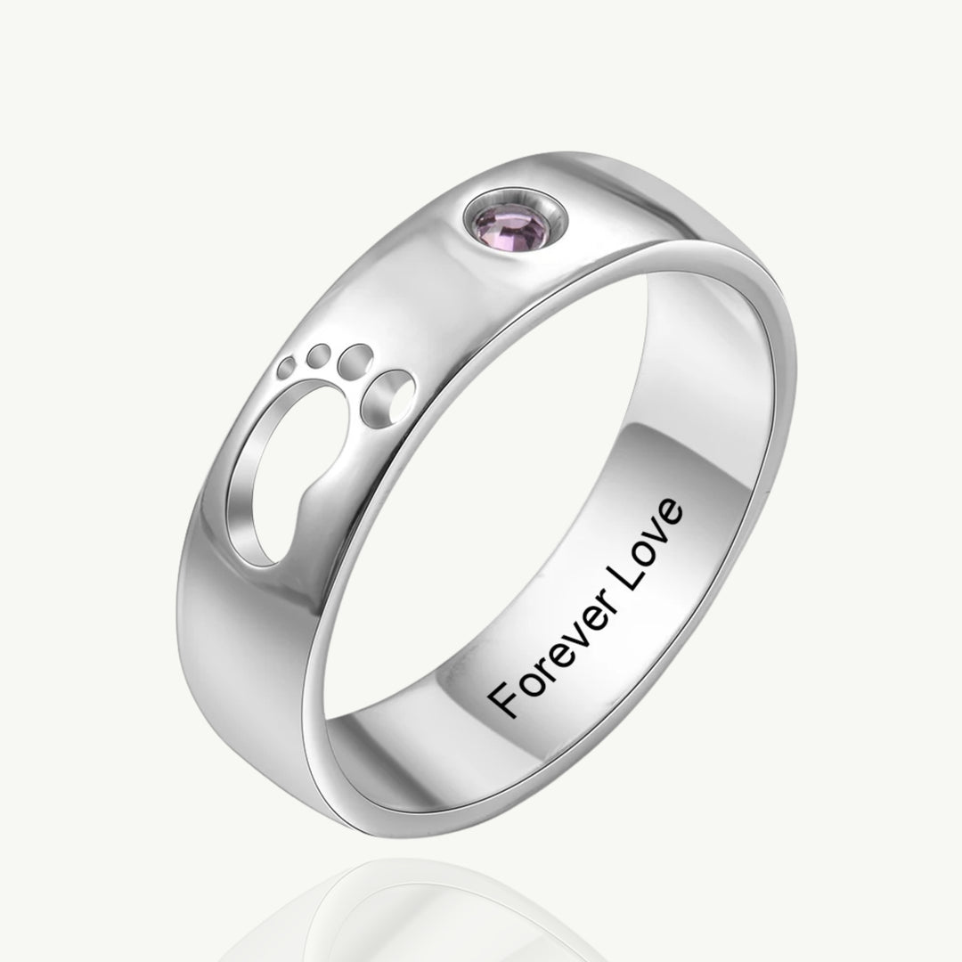 Anel Personalizado Pé de Bebê Com Pedra Do Mês E Nome