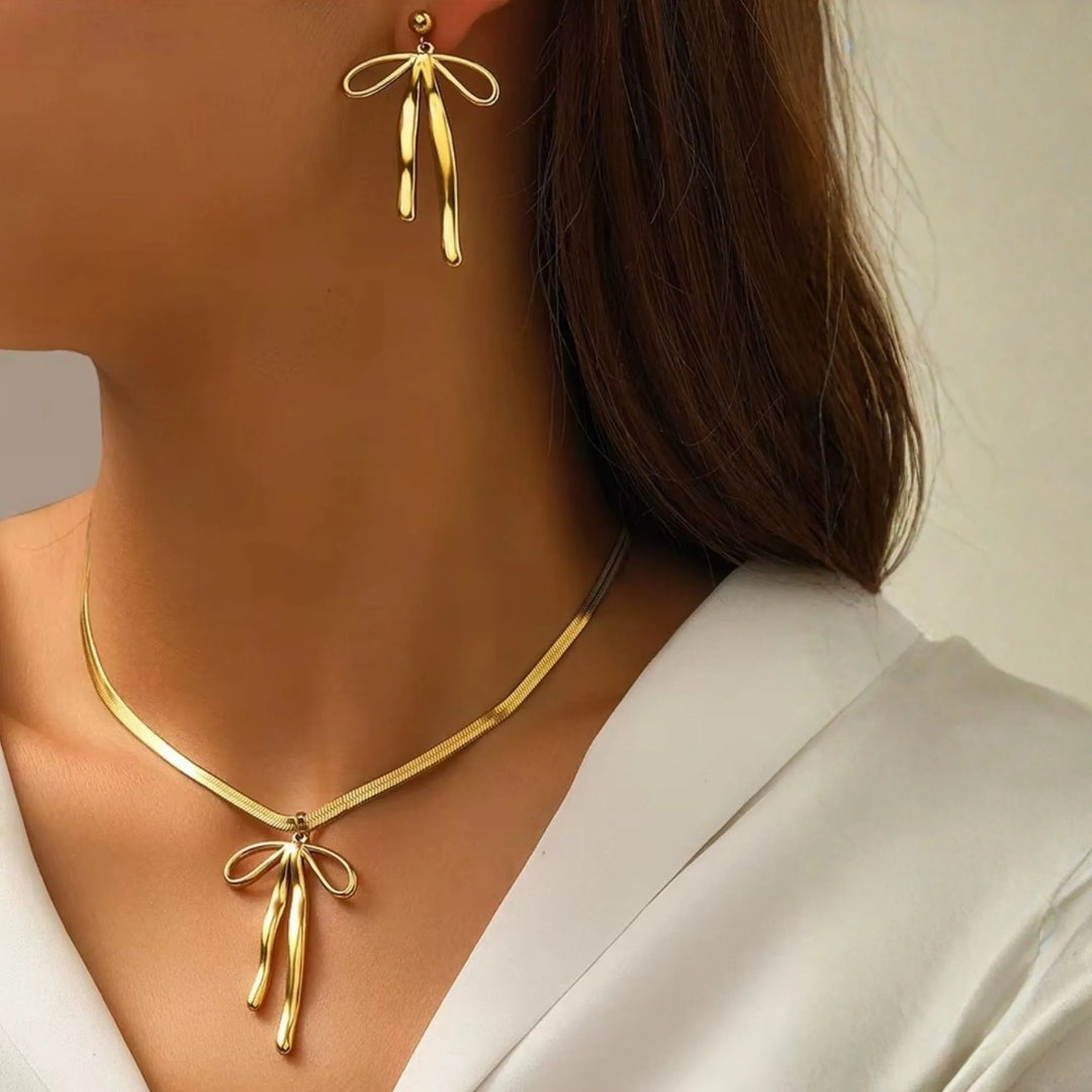 Kit Colar E Brinco Feminino Laço Elegante Em Aço Inoxidável
