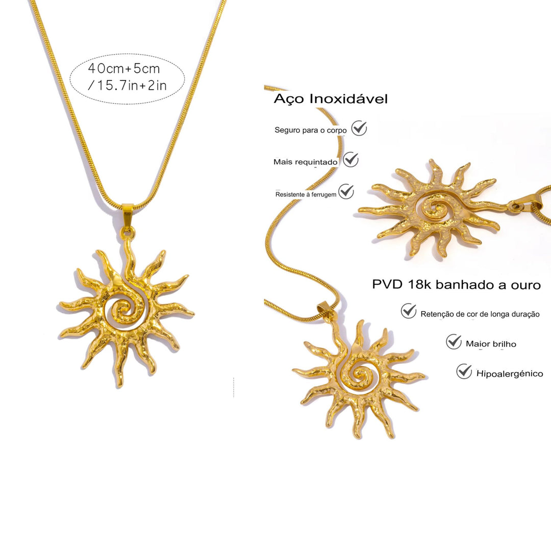 Colar Feminino Sol Espiral Boho Em Aço Inoxidável