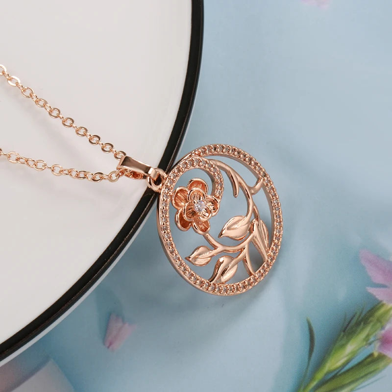 Colar Feminino Cobre Círculo Jardim Secreto Flor 3D Pavê Zircônia Ouro Rosé 585