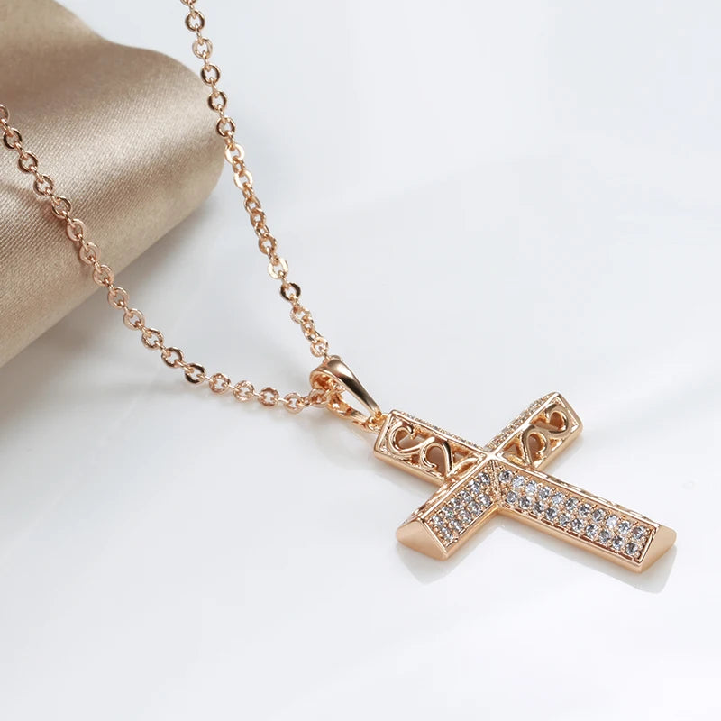 Colar Feminino Cobre Cruz Pavê Zircônia Arabesco Vazado Ouro Rosé