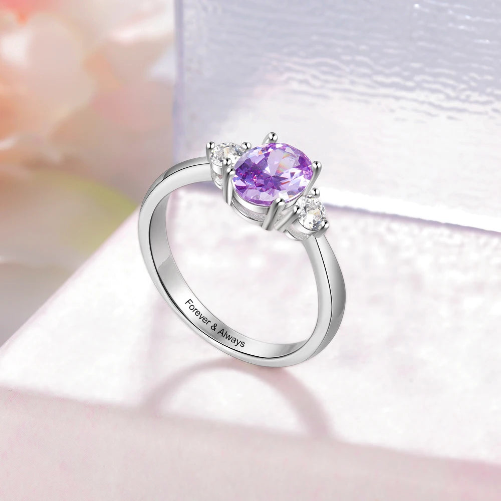 Aliança de pedra de aniversário oval personalizada joalheiro para mulheres, anel de compromisso de gravação personalizada dentro, casamento, presentes