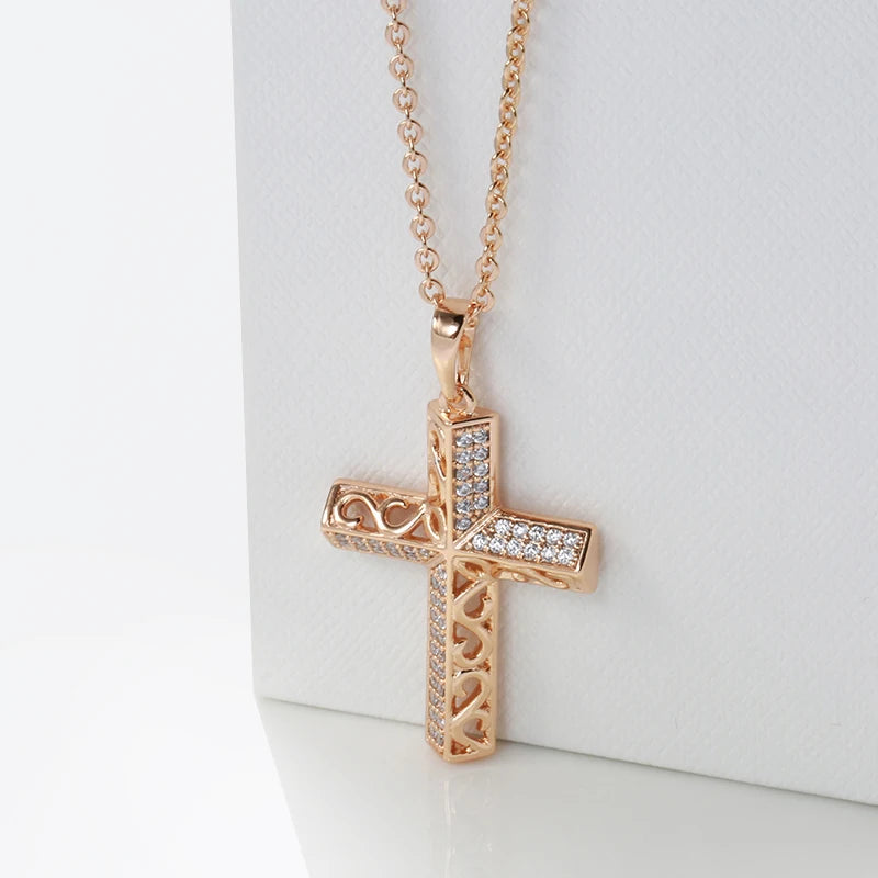Colar Feminino Cobre Cruz Pavê Zircônia Arabesco Vazado Ouro Rosé