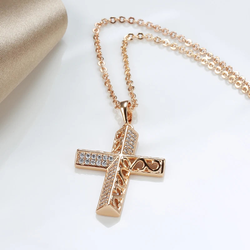 Colar Feminino Cobre Cruz Pavê Zircônia Arabesco Vazado Ouro Rosé