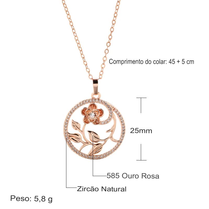 Colar Feminino Cobre Círculo Jardim Secreto Flor 3D Pavê Zircônia Ouro Rosé 585