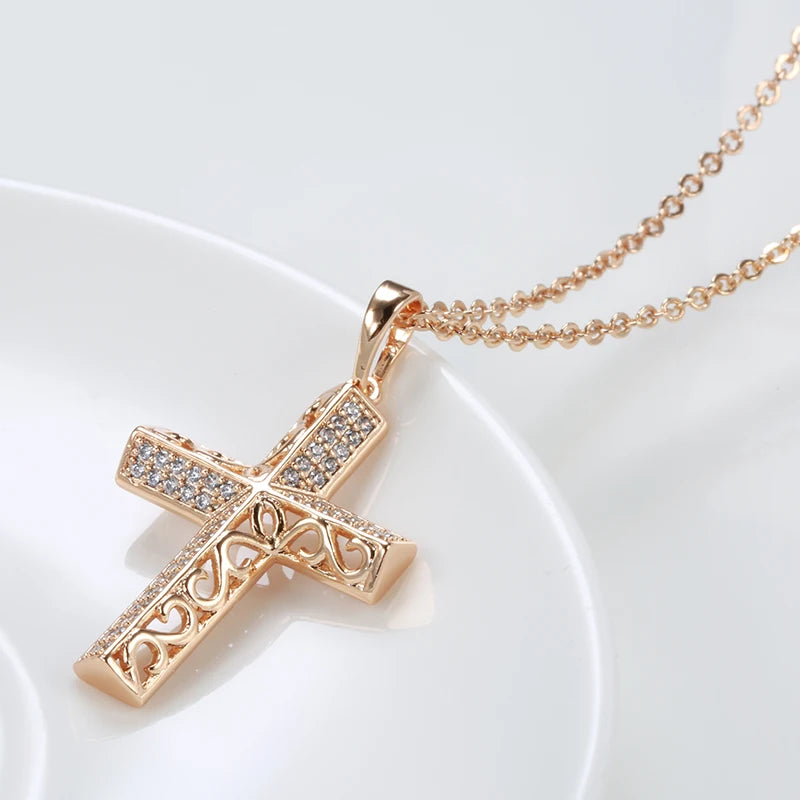 Colar Feminino Cobre Cruz Pavê Zircônia Arabesco Vazado Ouro Rosé