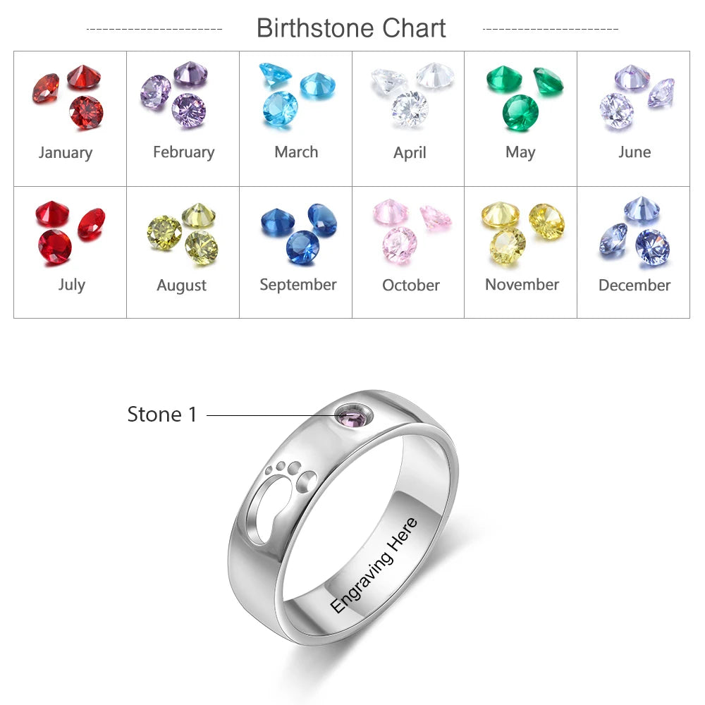 Anel de pé de bebê jewelora, nome personalizado, vazado, fofo, com pedra de aniversário, personalizado, dentro, anéis gravados, para mulheres, presente de dia das mães