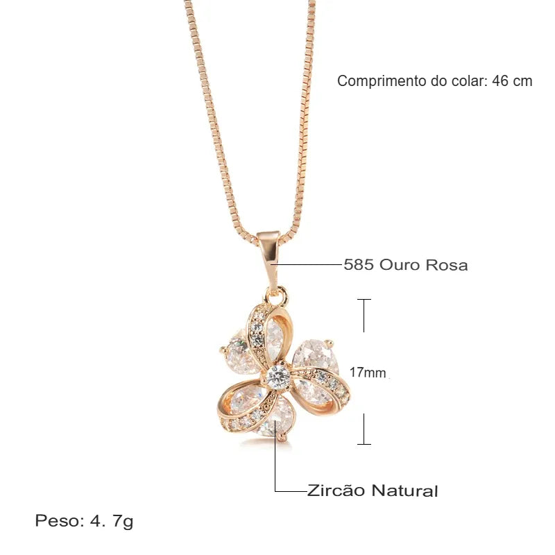 Colar Feminino Cobre Flor Giratória 3 Pétalas Pear Pavê Zircônia Veneziana Ouro Rosé 585