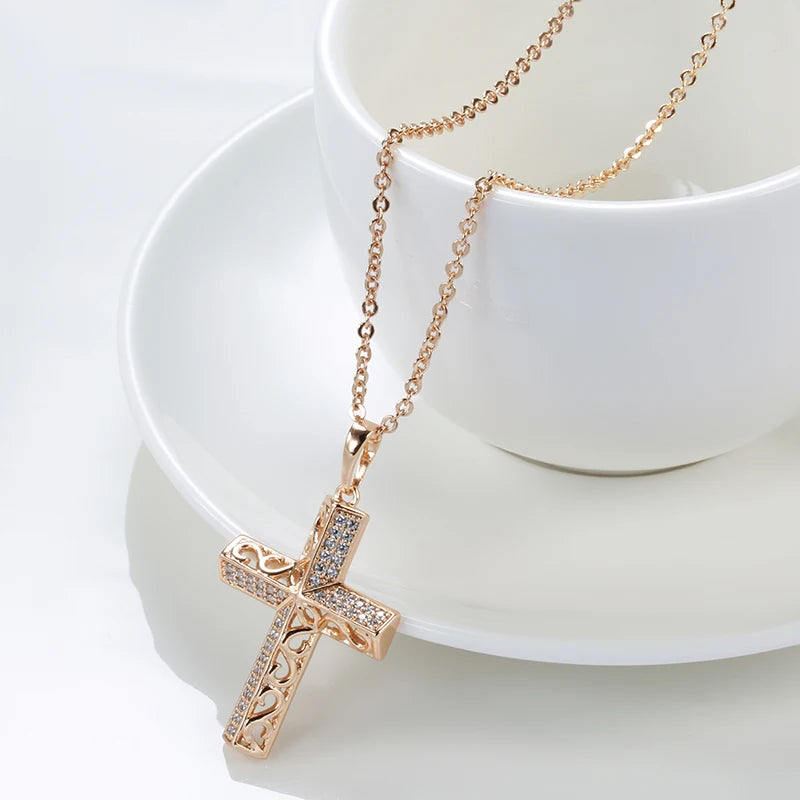 Colar Feminino Cobre Cruz Pavê Zircônia Arabesco Vazado Ouro Rosé