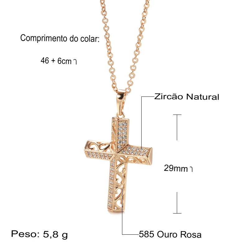 Colar Feminino Cobre Cruz Pavê Zircônia Arabesco Vazado Ouro Rosé