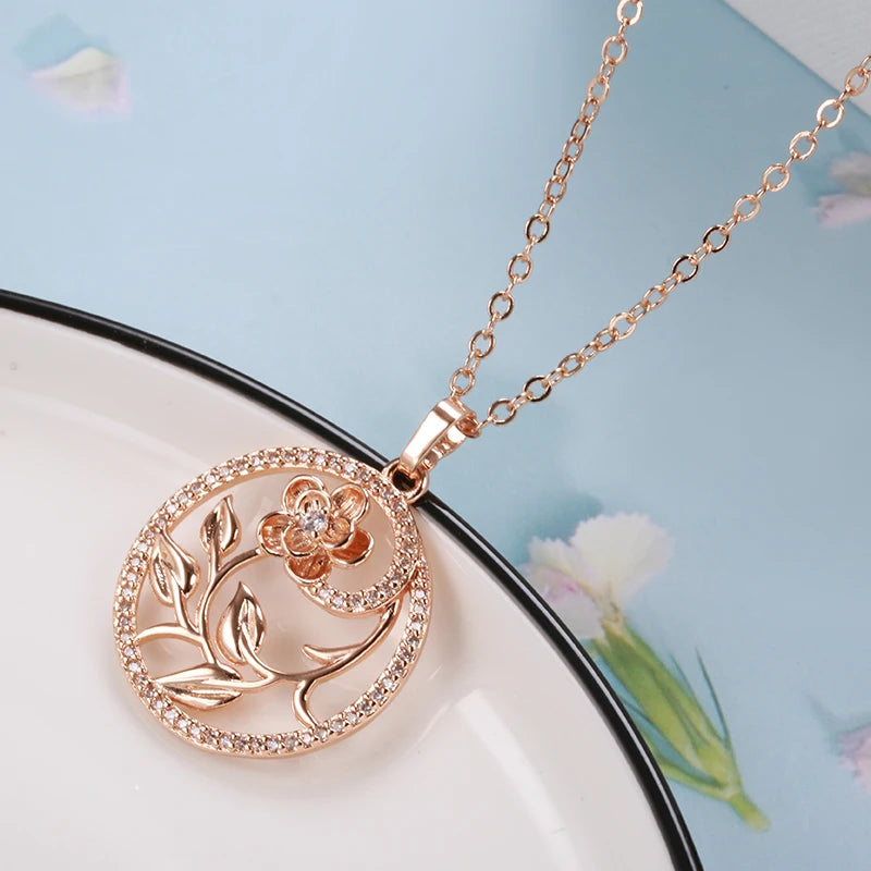 Colar Feminino Cobre Círculo Jardim Secreto Flor 3D Pavê Zircônia Ouro Rosé 585