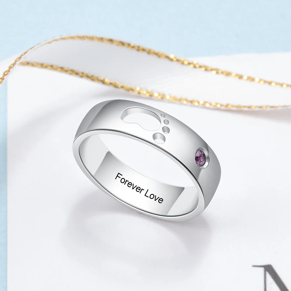 Anel de pé de bebê jewelora, nome personalizado, vazado, fofo, com pedra de aniversário, personalizado, dentro, anéis gravados, para mulheres, presente de dia das mães