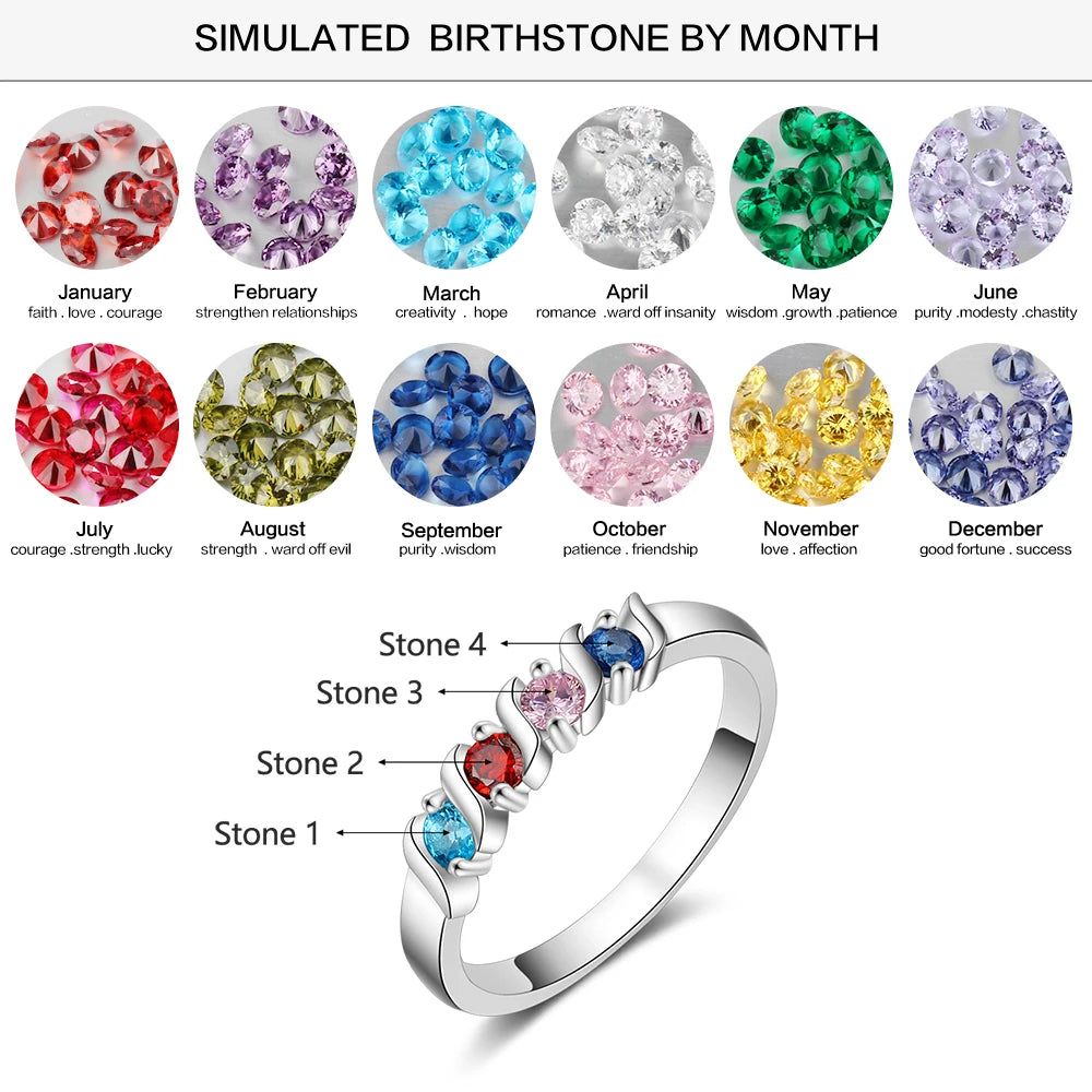 JewelOra-Anel de dedo personalizado de zircônia para mulheres, 4 birthstone, anéis de casamento personalizados, presentes exclusivos para a mãe, tamanho 6-12
