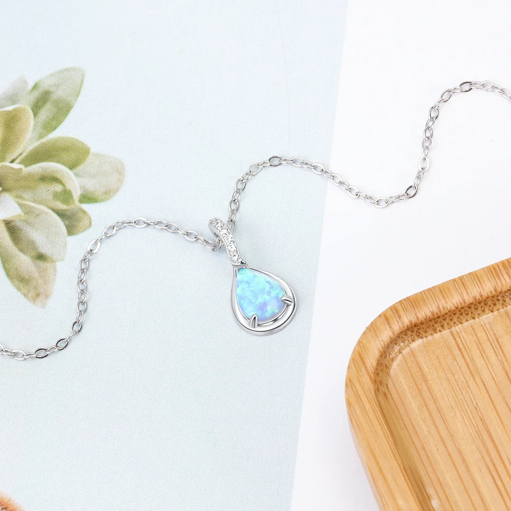 925 Sterling Silver Water Drop Blue Opal Colares para Mulheres, Pingentes Geométricos, Jóias Presente, NE103210