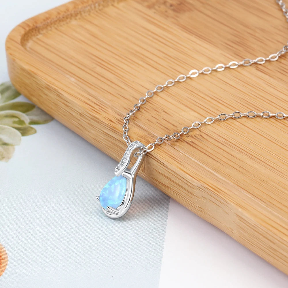 925 Sterling Silver Water Drop Blue Opal Colares para Mulheres, Pingentes Geométricos, Jóias Presente, NE103210