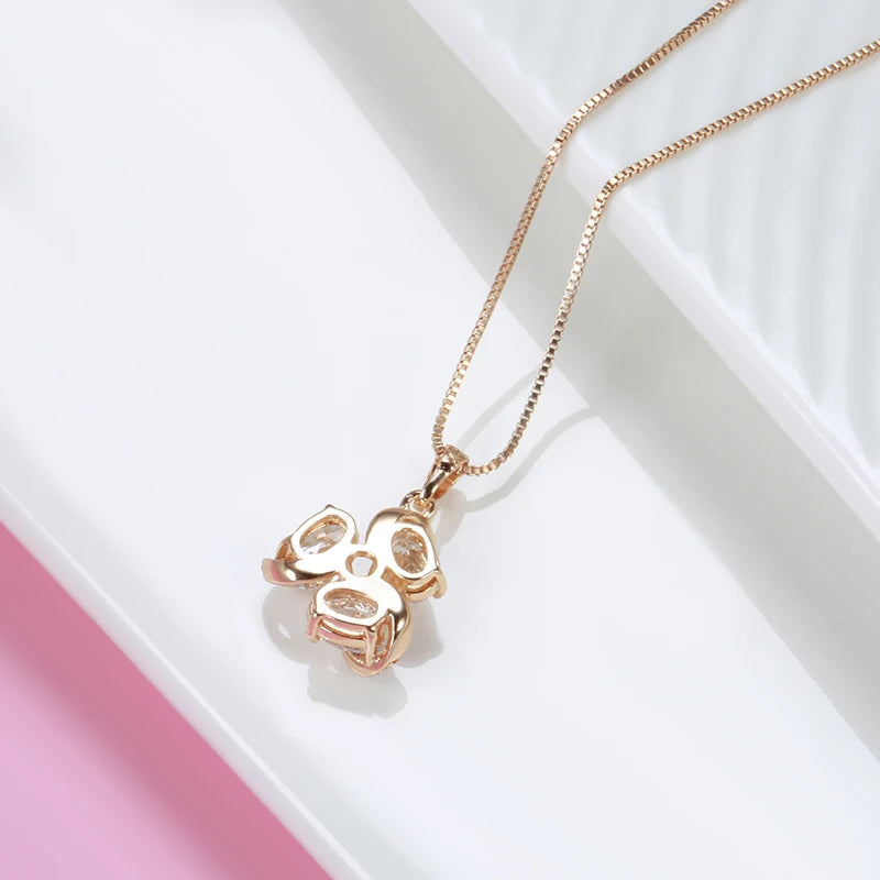 Colar Feminino Cobre Flor Giratória 3 Pétalas Pear Pavê Zircônia Veneziana Ouro Rosé 585