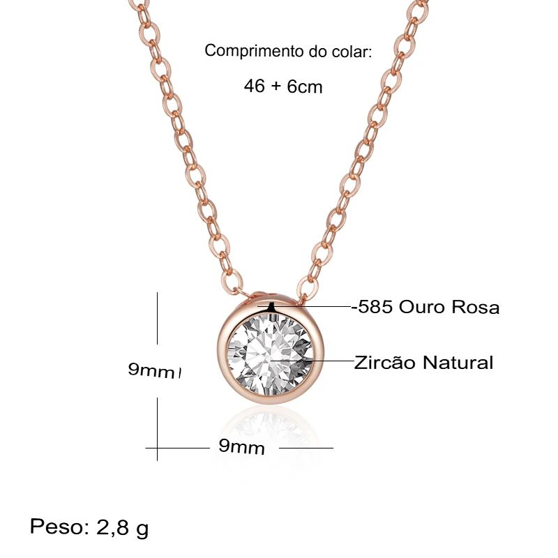 Colar Feminino Cobre Solitário Redondo Bezel Zircônia Ouro Rosé 585