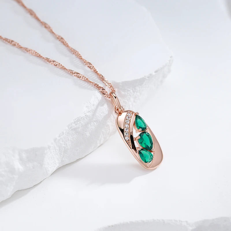 Colar Feminino Cobre Oval Esmeralda Verde Gota Zircônia Cristal Ouro Rosé