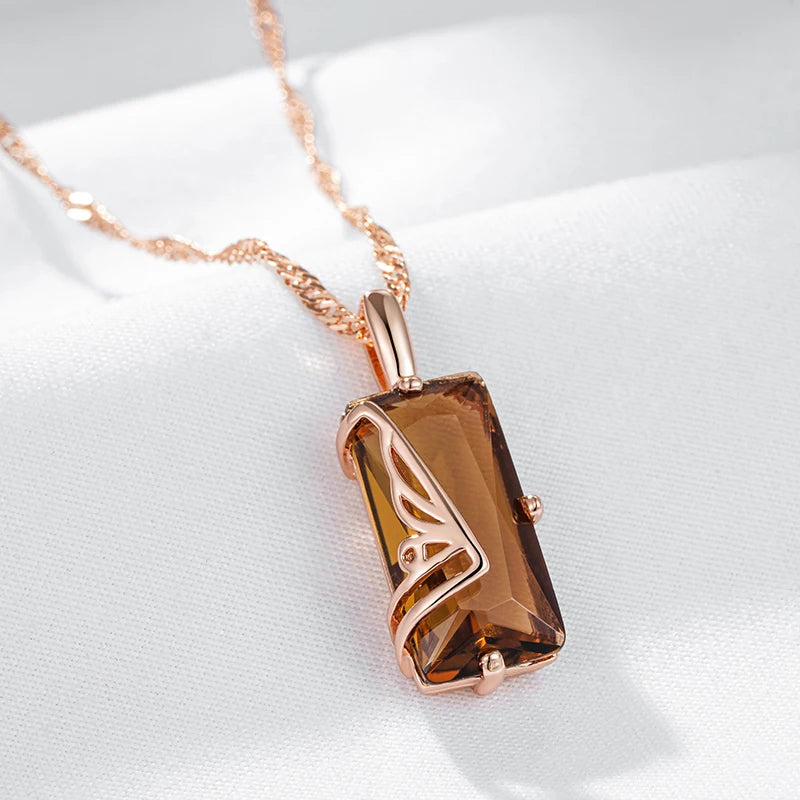 Colar Feminino Cobre Citrino Fumê Retangular Solitário Bail Forquilha Cognac Ouro Rosé 585