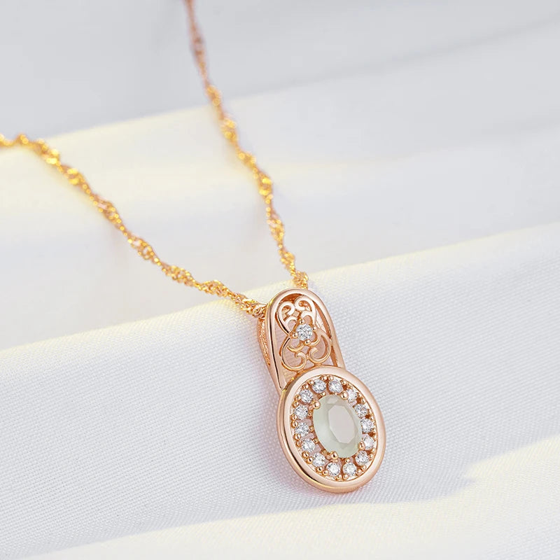 Colar Feminino Cobre Circular Jade Verde Halo Zircônia Arabesco Ouro Rosé