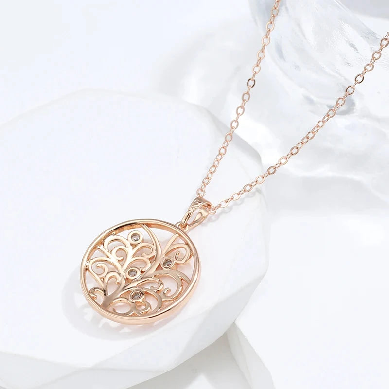 Colar Feminino Cobre Medalhão Circular Arabesco Filigrana Zircônia Ouro Rosé 585