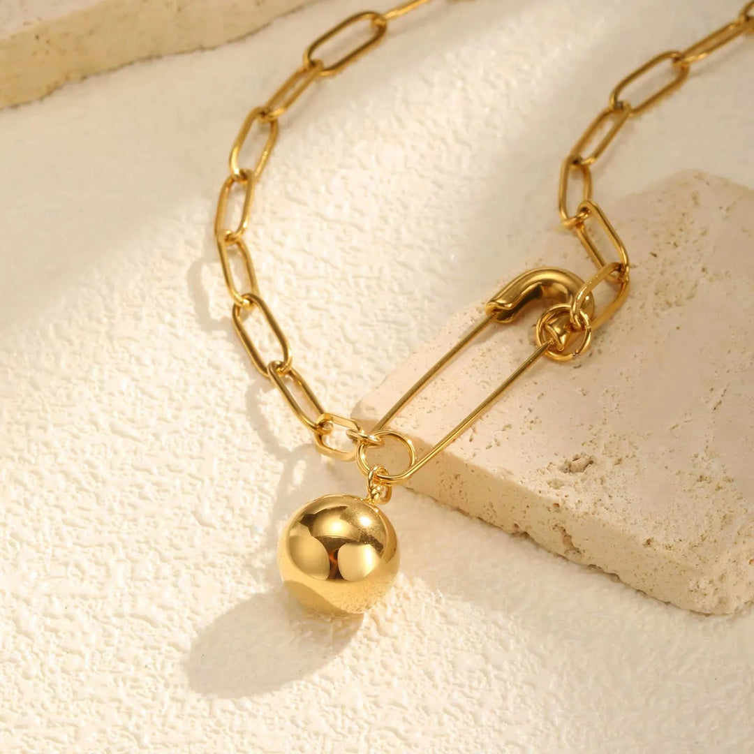 Colar Feminino Pingente Bola Corrente Clip Em Aço Inoxidável Banhado Ouro 18k