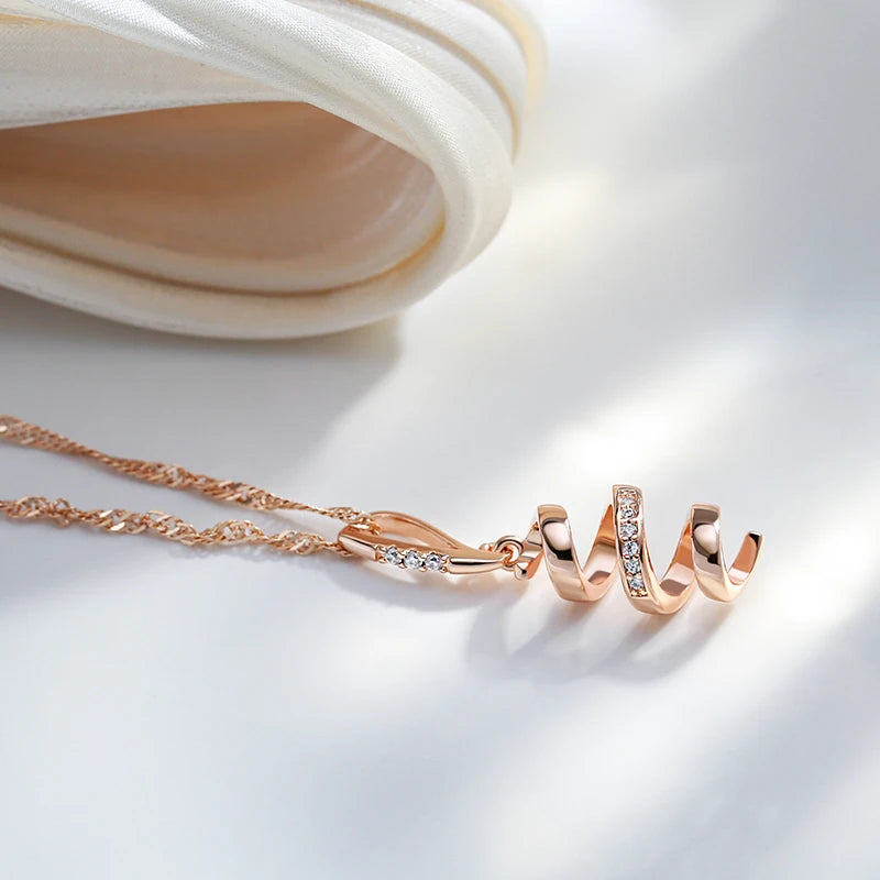 Colar Feminino Cobre Espiral Hélice Escultural Zircônia Bail Barra Ouro Rosé 585