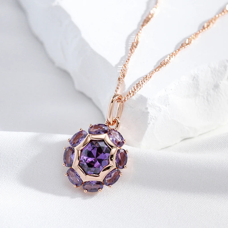 Colar Feminino Cobre Flor Ametista Zircônia Roxa Ouro Rosé 585