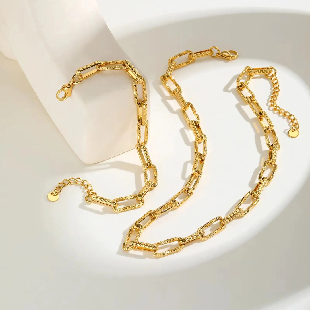 Kit Corrente E Pulseira Feminino Elos Retangulares Banhado Ouro 18k
