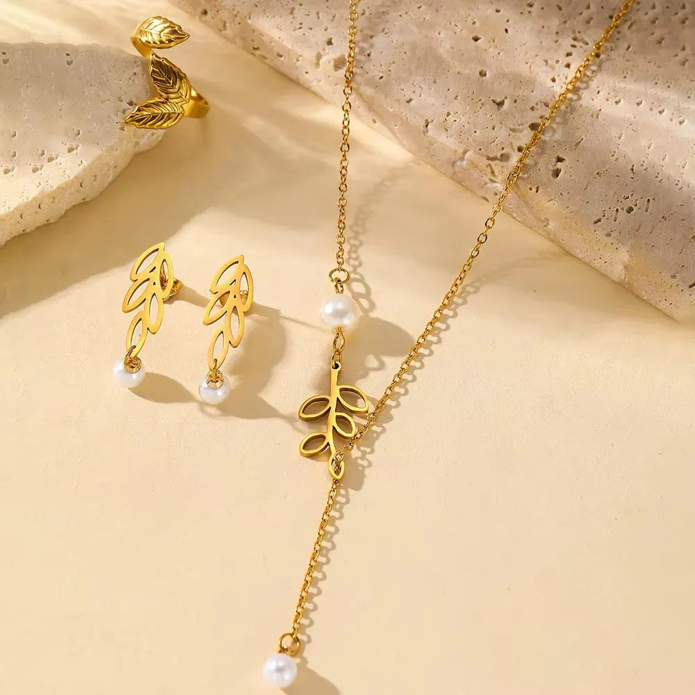 Kit Colar Brinco Anel Feminino Folha Pérola Em Aço Inoxidável