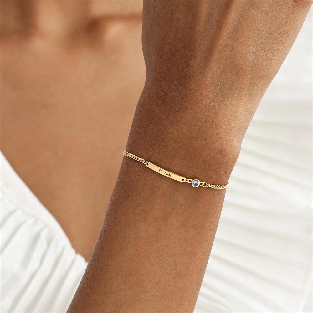 Pulseira Personalizada com Pedra de Aniversário e Nome Gravado
