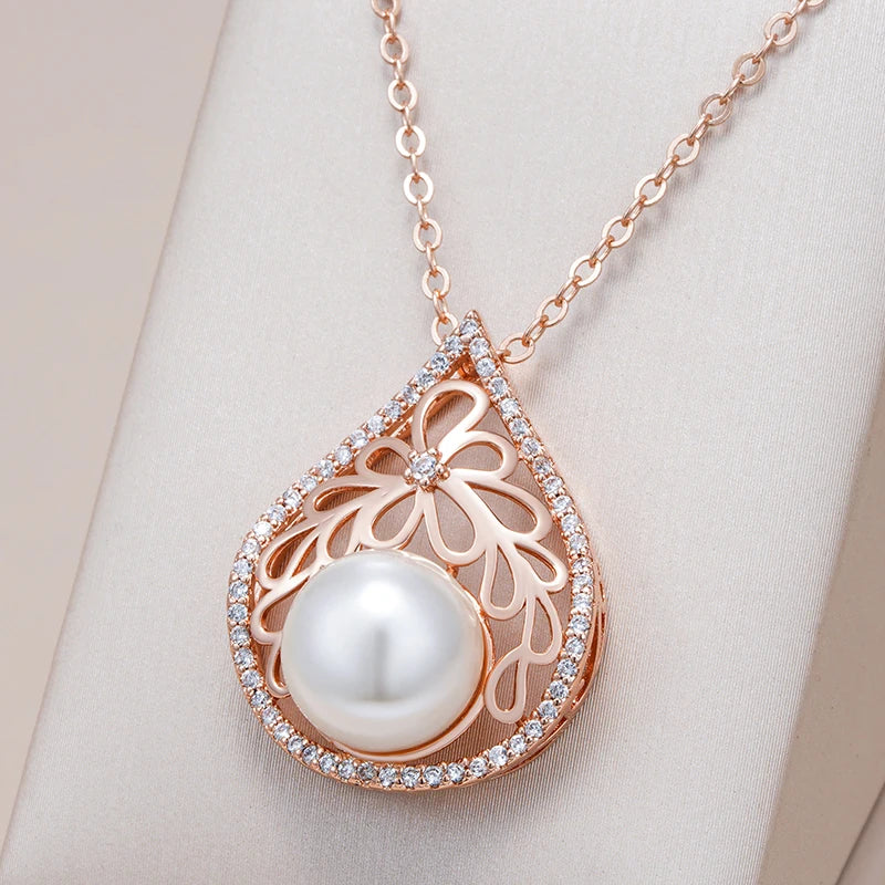 Colar Feminino Cobre Pérola Gota Filigrana Floral Pavê Zircônia Ouro Rosé 585