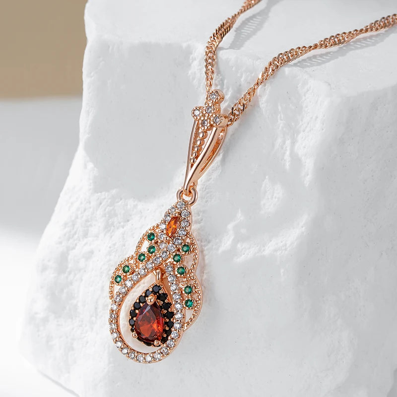 Colar Feminino Cobre Gota Otomana Granada Esmeralda Pavê Multicolorido Ouro Rosé 585