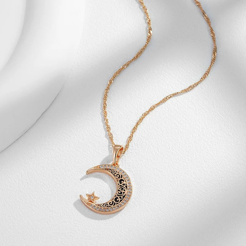 Colar Feminino Cobre Lua Crescente Estrela Filigrana Pavê Ouro Rosé 585