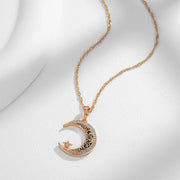 Colar Feminino Cobre Lua Crescente Estrela Filigrana Pavê Ouro Rosé 585