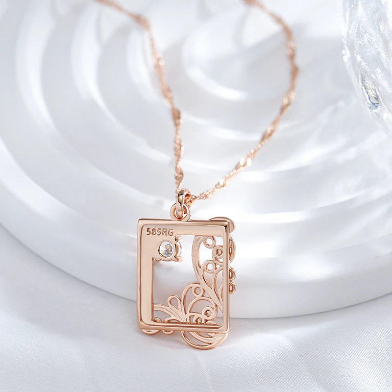 Colar Feminino Cobre Quadrado Arabesco Floral Zircônia Ouro Rosé 585