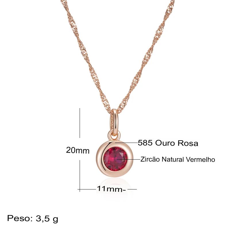 Colar Feminino Cobre Rubi Bezel Redondo Minimalista Ouro Rosé 585
