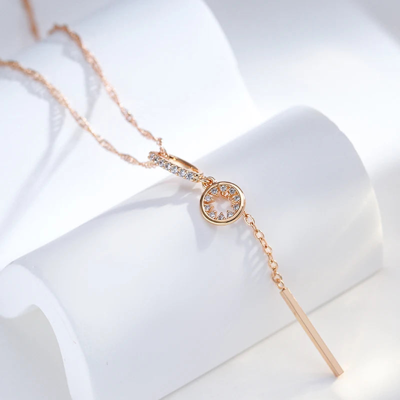 Colar Feminino Cobre Círculo Oco Zircônia Barra Pendente Ouro Rosé 585