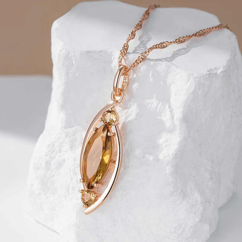 Colar Feminino Cobre Citrino Marquise Moldura Curva Âmbar Ouro Rosé 585
